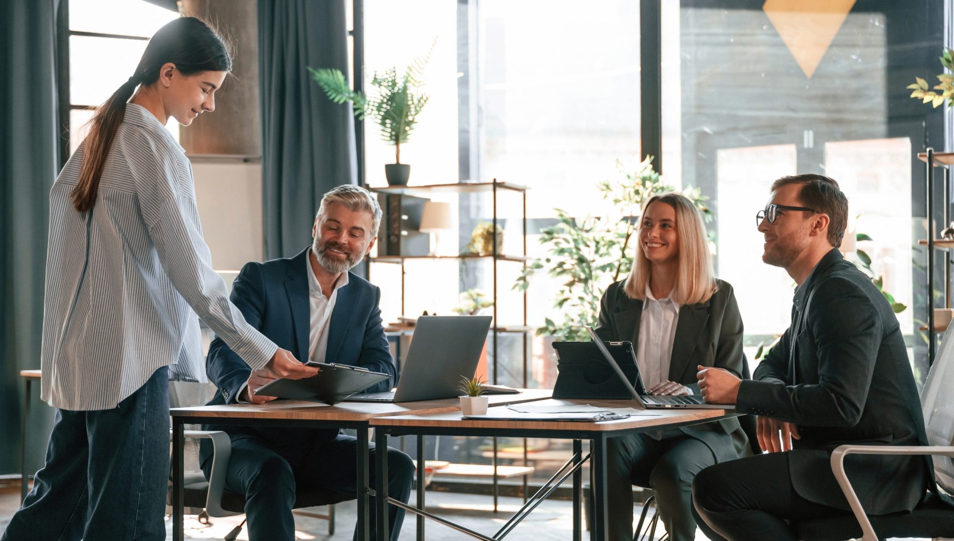 Through,The,Glass,With,Sticker.,Sitting,By,Table.,Group,Of