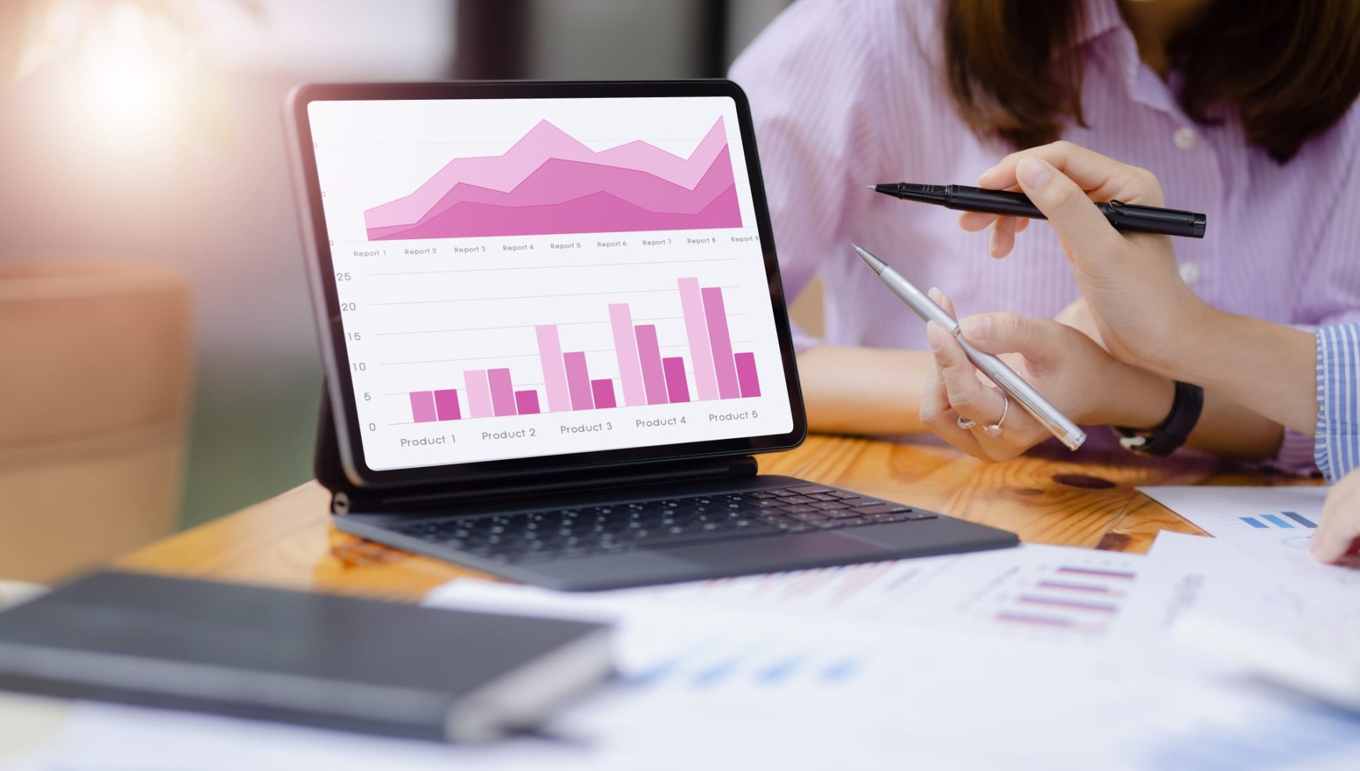 Businesswoman,Using,Digital,Tablet,With,Business,Infographic,Data,Concept.